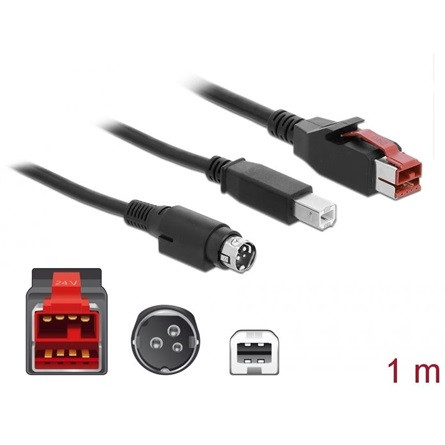 Delock Powered USB 12V -> USB-B 2.0 Hosiden Mini-DIN M/M adatkábel 1m fekete POS nyomtatókhoz