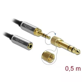   Delock Jack stereo 3,5mm (3pin) -> Jack stereo 3,5mm (3pin) M/F audio kábel hosszabbító 0.5m fekete 6,35mm-es adapterrel