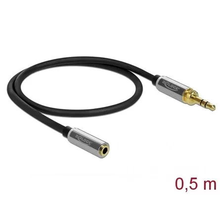 Delock Jack stereo 3,5mm (3pin) -> Jack stereo 3,5mm (3pin) M/F audio kábel hosszabbító 0.5m fekete 6,35mm-es adapterrel