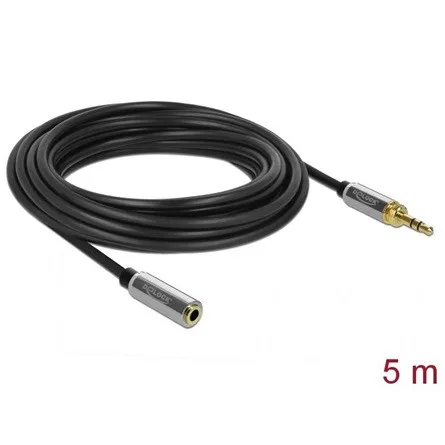 Delock Jack stereo 3,5mm (3pin) -> Jack stereo 3,5mm (3pin) M/F audio kábel hosszabbító 5m fekete 6,35mm-es adapterrel