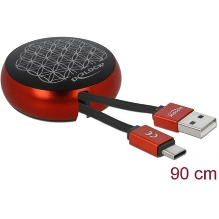 Delock USB-A 2.0 -> USB-C M/M adatkábel 0.46m fekete-piros visszahúzható