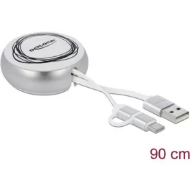   Delock USB-A 2.0 -> USB-B 2.0 micro USB-C M/M adatkábel 0.46m fehér-ezüst visszahúzható