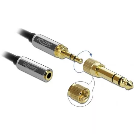 Delock Jack stereo 3,5mm (3pin) -> Jack stereo 3,5mm (3pin) M/F audio kábel hosszabbító 1m fekete +6,35mm adapter