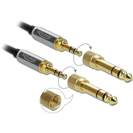 Delock Jack stereo 3,5mm (3pin) -> Jack stereo 3,5mm (3pin) M/M audio kábel 1m fekete +6,35mm adapter