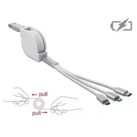   Delock 3 az 1-ben visszahúzható USB-A 2.0 -> Lightning USB-C USB-B 2.0 micro M/M töltőkábel 1m fehér