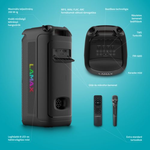 LAMAX PartyKing1 Max 200W Bluetooth Party hangszóró vezetéknélküli karaoke mikro