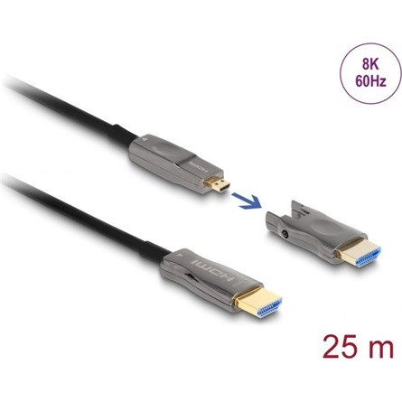 Delock HDMI micro D -> HDMI M/M aktív video kábel 25m fekete USB-C™, DisplayPort, HDMI, DVI adapterrel, 8K60Hz