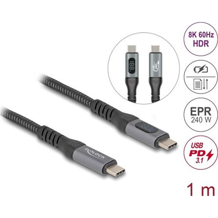 Delock USB 40 Gbps adat és gyorstöltő koax kábel 1 m hosszú, 8K 60 Hz USB PD 3.1 bővített tápszélesség 240 W