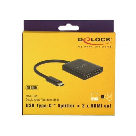 Delock USB-C -> 2db HDMI M/F adapter 0.2m fekete Splitter