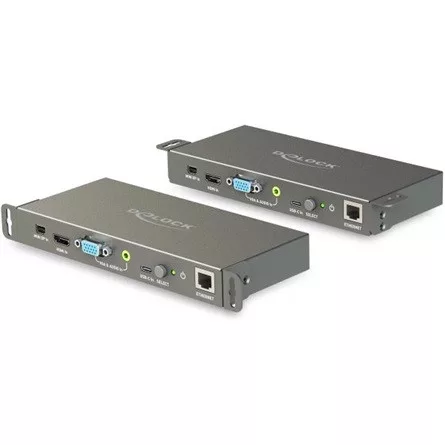 Delock Multi-AV HDMI 2.0 Displayport mini VGA -> HDMI 2.0 RJ45 CAT5e UTP F/F adapter fekete DP Alt Mode