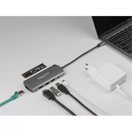 Delock ADA Delock 87767 USB-C dokkoló állomás M.2 nyílással - 4K HDMI / USB / LAN / PD 3.0