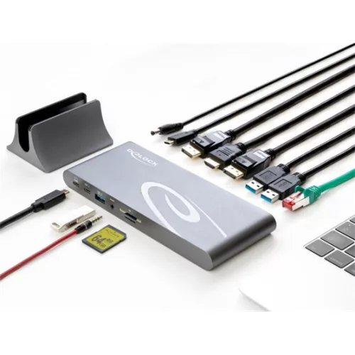 Delock ADA Delock 87772 USB-C DP 1.4 dokkoló állomás háromszoros 4K Display-HDMI/DisplayPort/USB/LAN/SD/PD 3.0