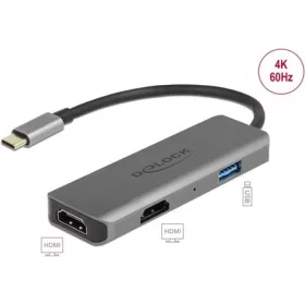   Delock 87780 USB-C / Thunderbolt -> 2db HDMI 2.0 1db USB-A 3.0 M/F adapter 0.15m szürke DP Alt Mode