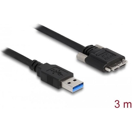 Delock USB-A 3.0 -> USB-B 3.0 micro M/M adatkábel 3m fekete rögzítő csavarokkal