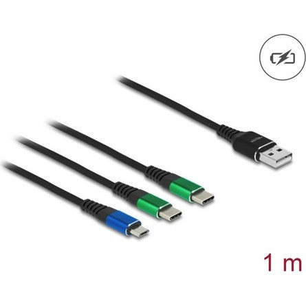 Delock USB-A 2.0 -> 2db USB-C USB-B 2.0 micro M/M töltőkábel 1m fekete