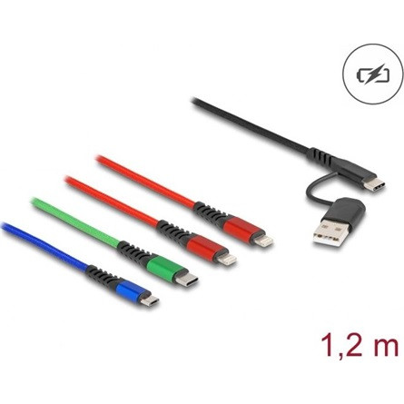 Delock USB-A 2.0 USB-C -> 2db Lightning USB-C USB-B 2.0 micro M/M töltőkábel 1.2m fekete