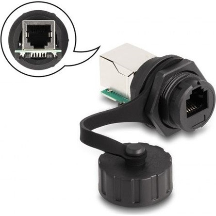 Delock RJ12 (6P6C) -> RJ12 (6P6C) F/F adapter fekete IP68 védő kupakkal