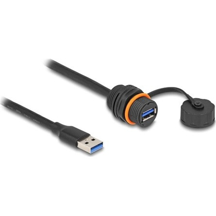 Delock USB-A 3.2 Gen1 -> USB-A 3.2 Gen1 Key A 20pin M/F adatkábel hosszabbító 0.6m fekete M20-as IP68-as védőkupakkal