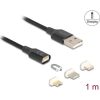 Delock Mágneses USB töltő készlet 8 tűs Lightning  / Micro USB / USB Type-C  csatlakozókkal, fekete 1 m