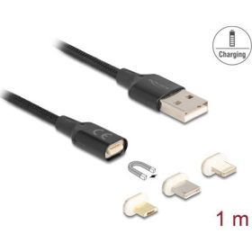   Delock Mágneses USB töltő készlet 8 tűs Lightning  / Micro USB / USB Type-C  csatlakozókkal, fekete 1 m