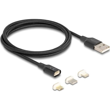 Delock Mágneses USB töltő készlet 8 tűs Lightning  / Micro USB / USB Type-C  csatlakozókkal, fekete 1 m