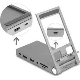   Delock táblagép és notebook dokkoló állomás 4K beépített tartóval - HDMI / USB / Hub / SD / Micro SD / PD 3.0 - összecsu