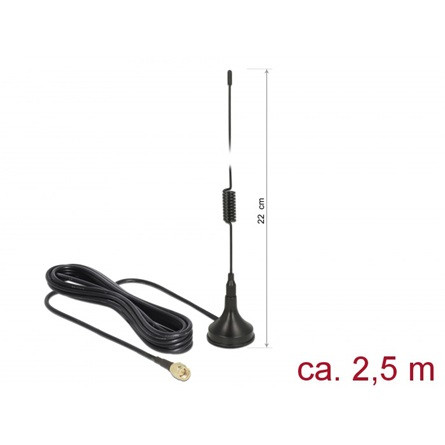 Delock LTE antenna SMA-dugó 2 dBi irányítatlan, rögzített, csatlakozókábellel RG-174 2,5 m, kültéri