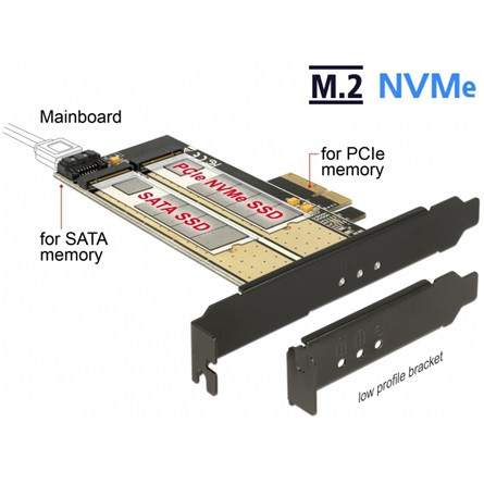 Delock PCI Express x4-kártya > 1 x belso M.2 aljzat B nyílással + 1 x belso NVMe M.2 aljzattal, M