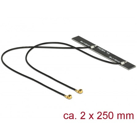 Delock WLAN 802.11 ac/a/h/b/g/n ikerantenna, 2 x MHF csatlakozódugó, 5 dBi, 250 mm-es NYÁK-lap, bels