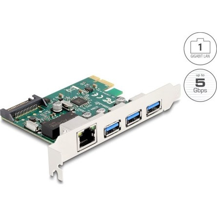 Delock PCI Express x1 Kártya - 3 x USB 5 Gbps A-típusú anya + 1 x Gigabit LAN