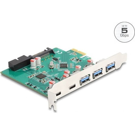 Delock USB 5 Gbps sebességű PCI Expressz x1 kártya - 3 db. külső Á-típusú + 2 db. külső USB Type-C  anya és 1 db. belső