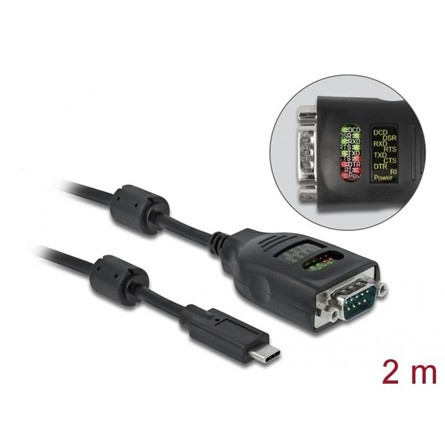 Delock USB-A 2.0 -> Serial RS-232 DB9 M/M adatkábel 2m fekete LED-es teszterrel