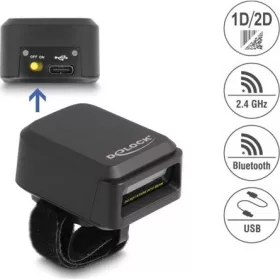   Delock Vonalkód olvasó gyűrű 1D és 2D 2,4 GHz-cel vagy Bluetooth-szal   vezetéknélküli töltő funkció