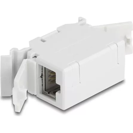 Delock RJ45 kapcsolókészülék Cat.6A anya - anya porvédő fedéllel DIN sínre történő beszereléshez, szürke színű