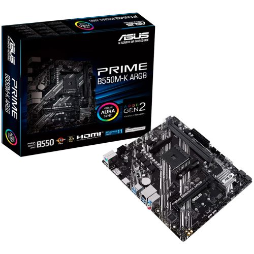 ASUS PRIME B550M-K ARGB AM4 mATX MB - AMD B550 2xDIMM DDR4 2xM.2 4xSATA PCIe 4.0 1Gb Ethernet 1xDisplayPort 1xHDMI with Aura Sync