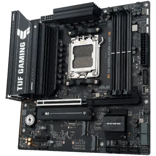 ASUS TUF GAMING B850M-E WIFI AM5 mATX gaming MB - AMD B850 4xDIMM DDR5 3xM.2 4xSATA PCIe 5.0 2.5Gb Ethernet WiFi 6E + Bluetooth 2xDisplayPort 1xHDMI with Aura Sync