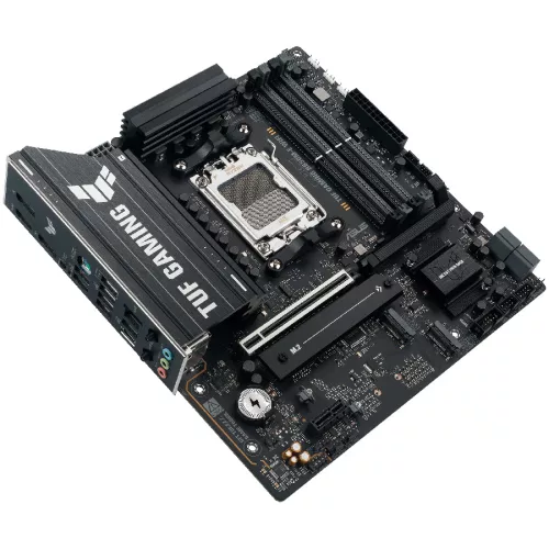 ASUS TUF GAMING B850M-E WIFI AM5 mATX gaming MB - AMD B850 4xDIMM DDR5 3xM.2 4xSATA PCIe 5.0 2.5Gb Ethernet WiFi 6E + Bluetooth 2xDisplayPort 1xHDMI with Aura Sync