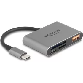   Delock USB-C  kártyaolvasó SD és Micro-SD emlékezet kártyák + USB csatlakozó10 Gbps A-típusú port és USB Type-C  csatlak
