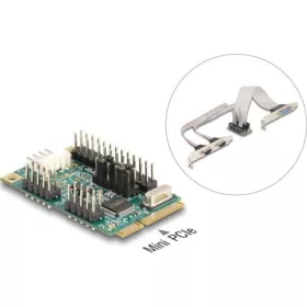   Delock Mini PCIe I/O PCIe teljes méretű 1 x párhuzamos, 2 x soros RS-232 tápfeszültséggel 5 V / 12 V