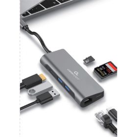   GEMBIRD Adapter, USB-C - USB HUB + HDMI + PD + Kártyaolvasó + LAN RJ45