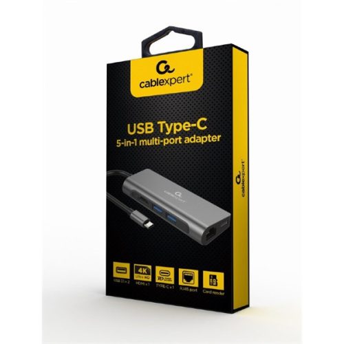 GEMBIRD Adapter, USB-C - USB HUB + HDMI + PD + Kártyaolvasó + LAN RJ45