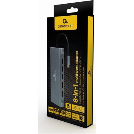 GEMBIRD USB Type-C 8-in-1 Multi-Port Adapter Space Grey