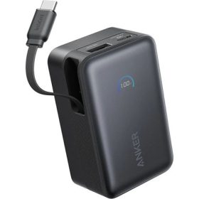   ANKER Powerbank Nano 10000mAh, 45W, Beépített USB-C kábel behúzható, fekete - A1638H11