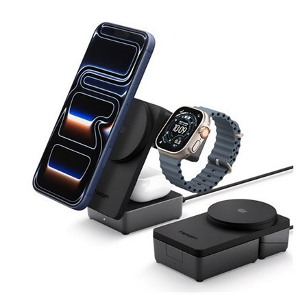 SPIGEN ESSENTIAL EF323MQ asztali töltő 3in1 (25W, gyorstöltő, wireless, MagSafe, Airpods, Apple Watch töltő) FEKETE