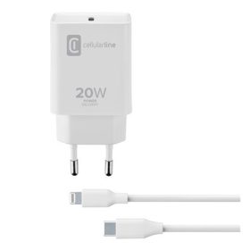   CELLULARLINE hálózati töltő Type-C aljzat 20W, PD gyorstöltő + Type-C - lightning kábel, FEHÉR