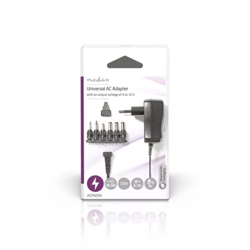 Nedis ACPA006 univerzális AC-DC tápegység, állítható 3V-12V DC 600mA, 6 cserélhető táp dugó, 7,2W