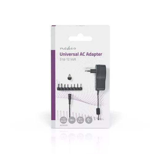 Nedis ACPA109 univerzális AC-DC tápegység,18 W, 3 - 12 V DC, 1,5 A, 8 csatlakozó