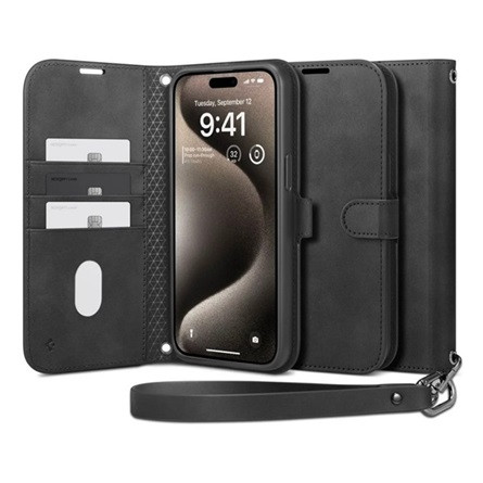 Spigen iPhone 15 Pro Max SPIGEN WALLET S PRO tok álló, bőr hatású FLIP, textil minta, FEKETE