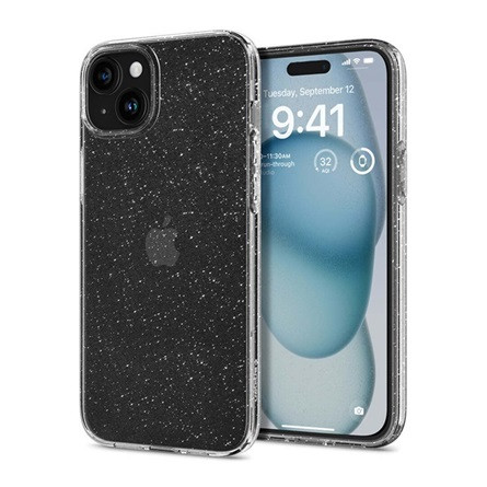 Spigen iPhone 15 SPIGEN LIQUID CRYSTAL GLITTER szilikon telefonvédő ütésállóság, csillámporos, ÁTLÁTSZÓ