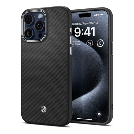 Spigen iPhone 15 Pro Max SPIGEN ENZO ARAMID telefonvédő Magsafe, karbon minta, FEKETE